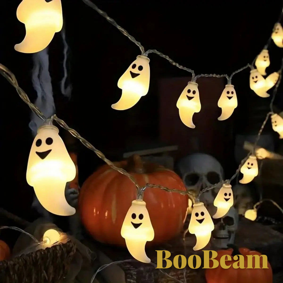 Gr8est BooBeam ghost-shaped LED string lights glowing in warm white for Halloween home decoration