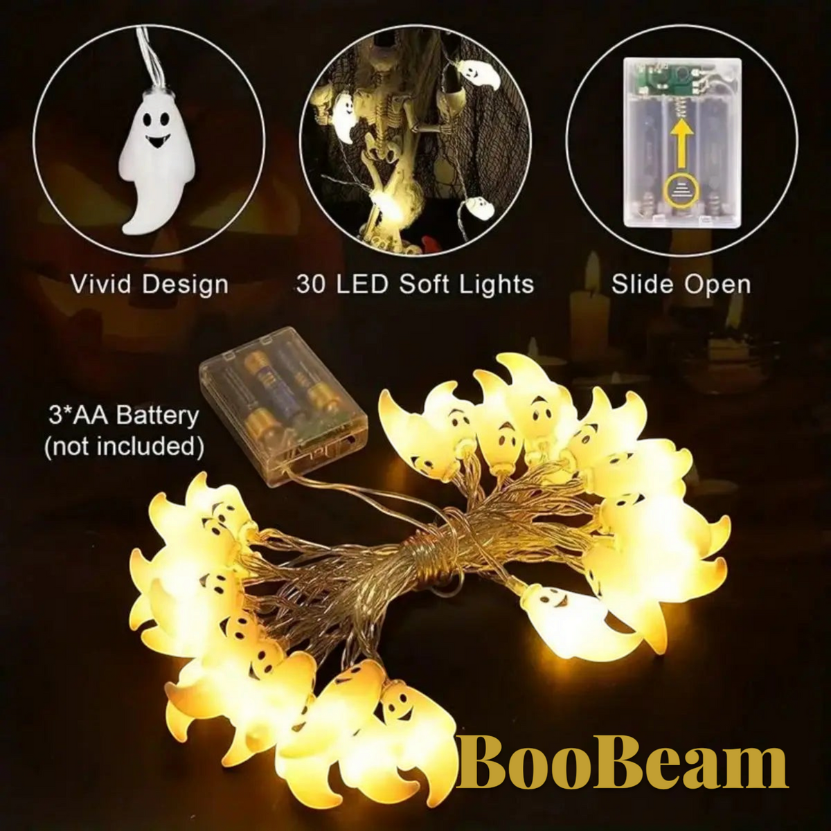 Gr8est BooBeam ghost-shaped LED string lights glowing with warm white light, battery-powered for Halloween decor.