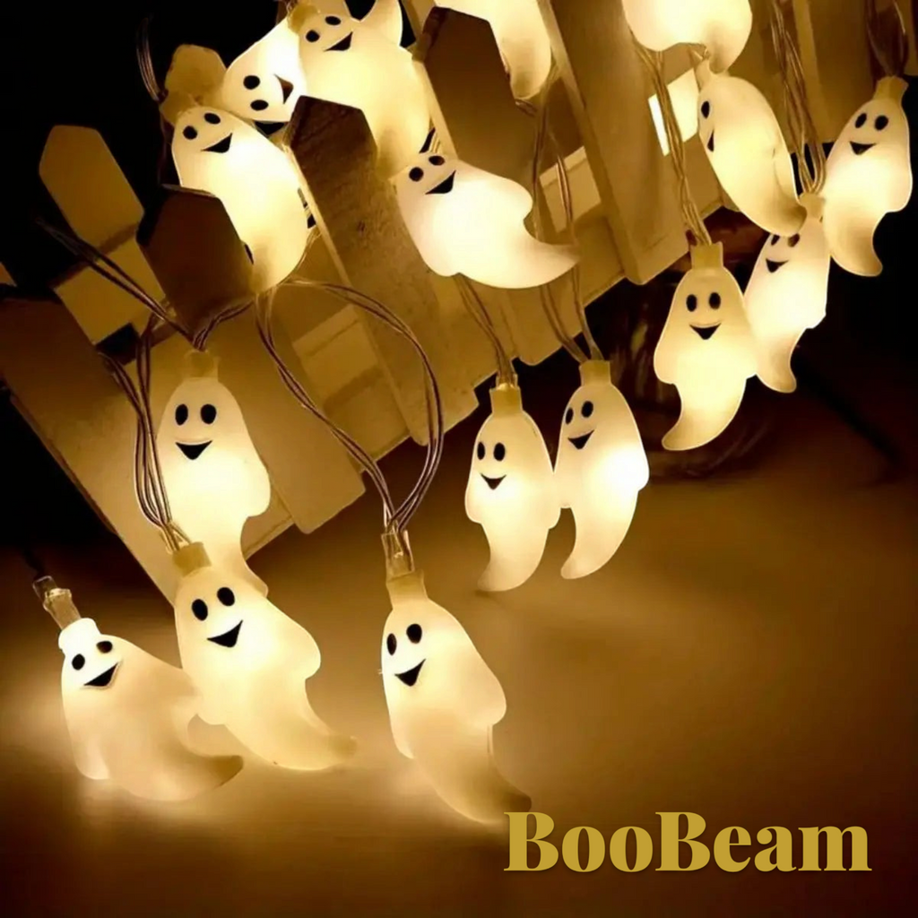 Gr8est BooBeam ghost-shaped LED string lights glowing with warm white light for Halloween decoration