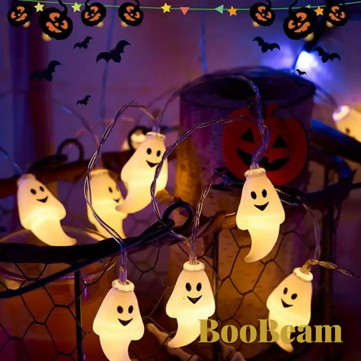 Gr8est BooBeam ghost-shaped LED string lights glowing with a warm light for Halloween indoor decoration