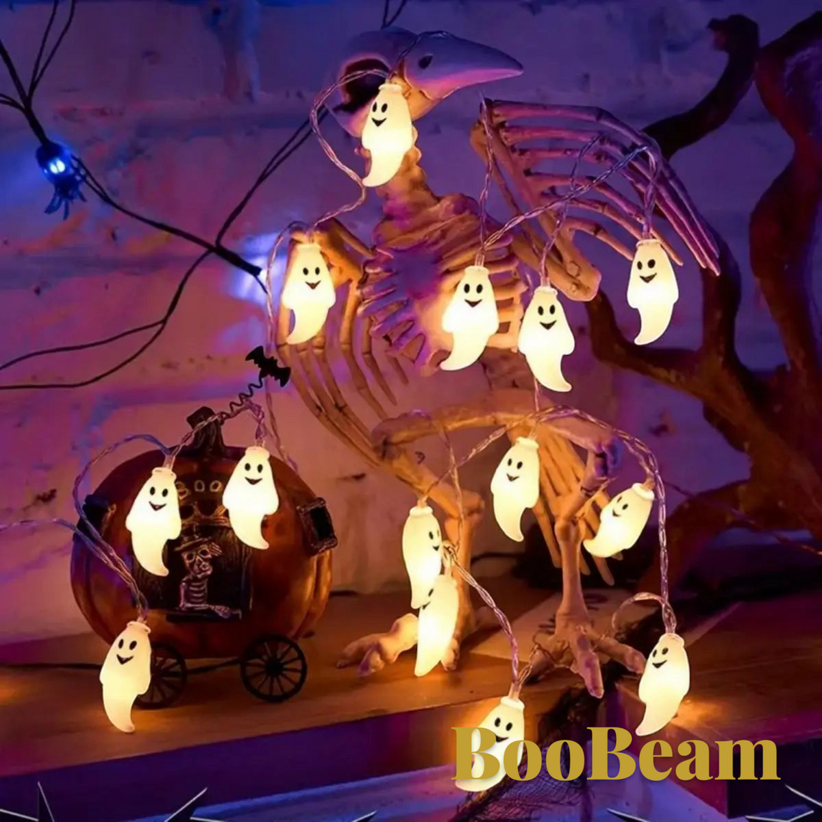 Gr8est BooBeam ghost string lights with warm white LED glow draped over a skeleton prop for Halloween decor