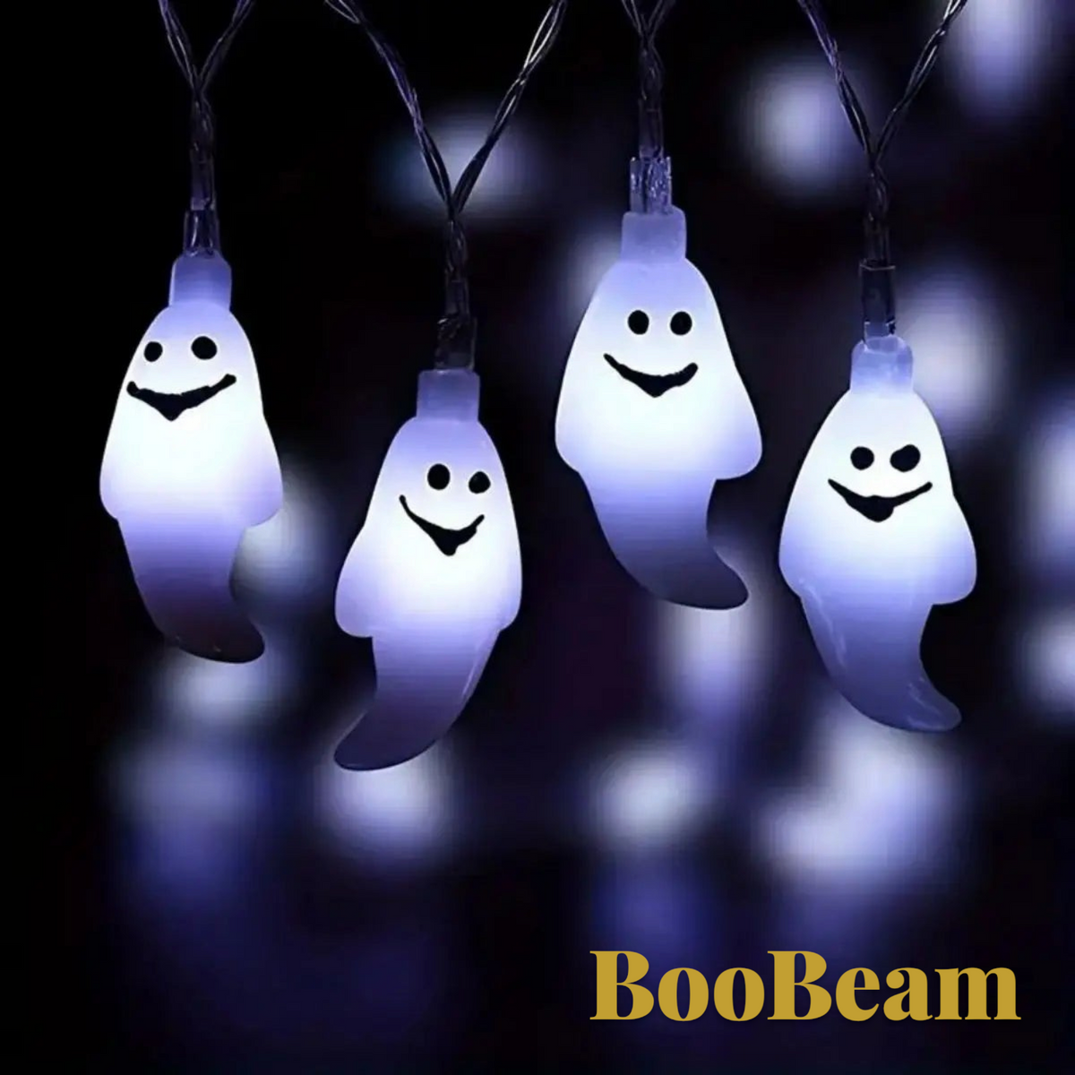Gr8est BooBeam ghost-shaped LED string lights glowing with a spooky white light for Halloween decoration