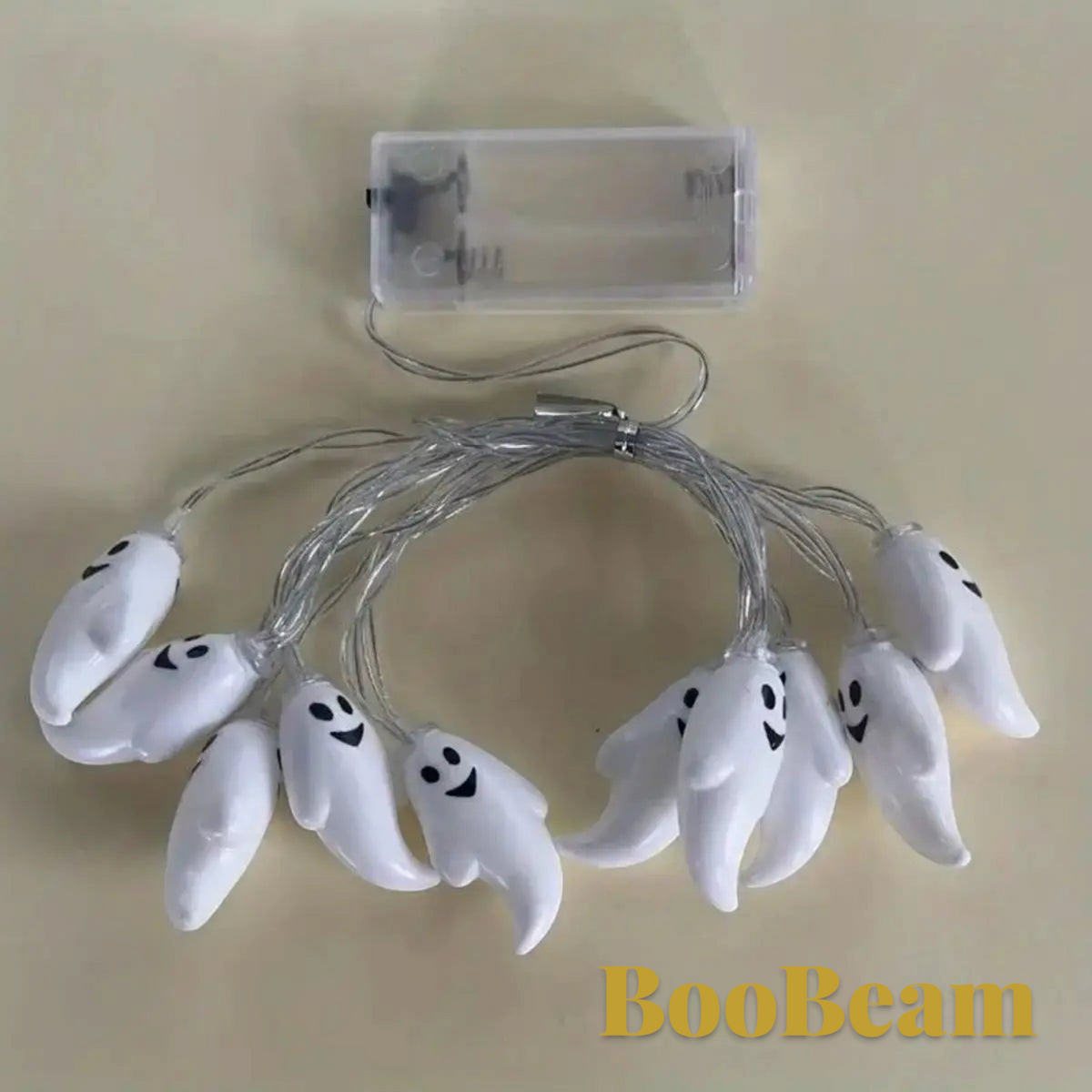 Gr8est BooBeam battery-powered ghost string lights with white plastic ghost figures and a clear battery pack