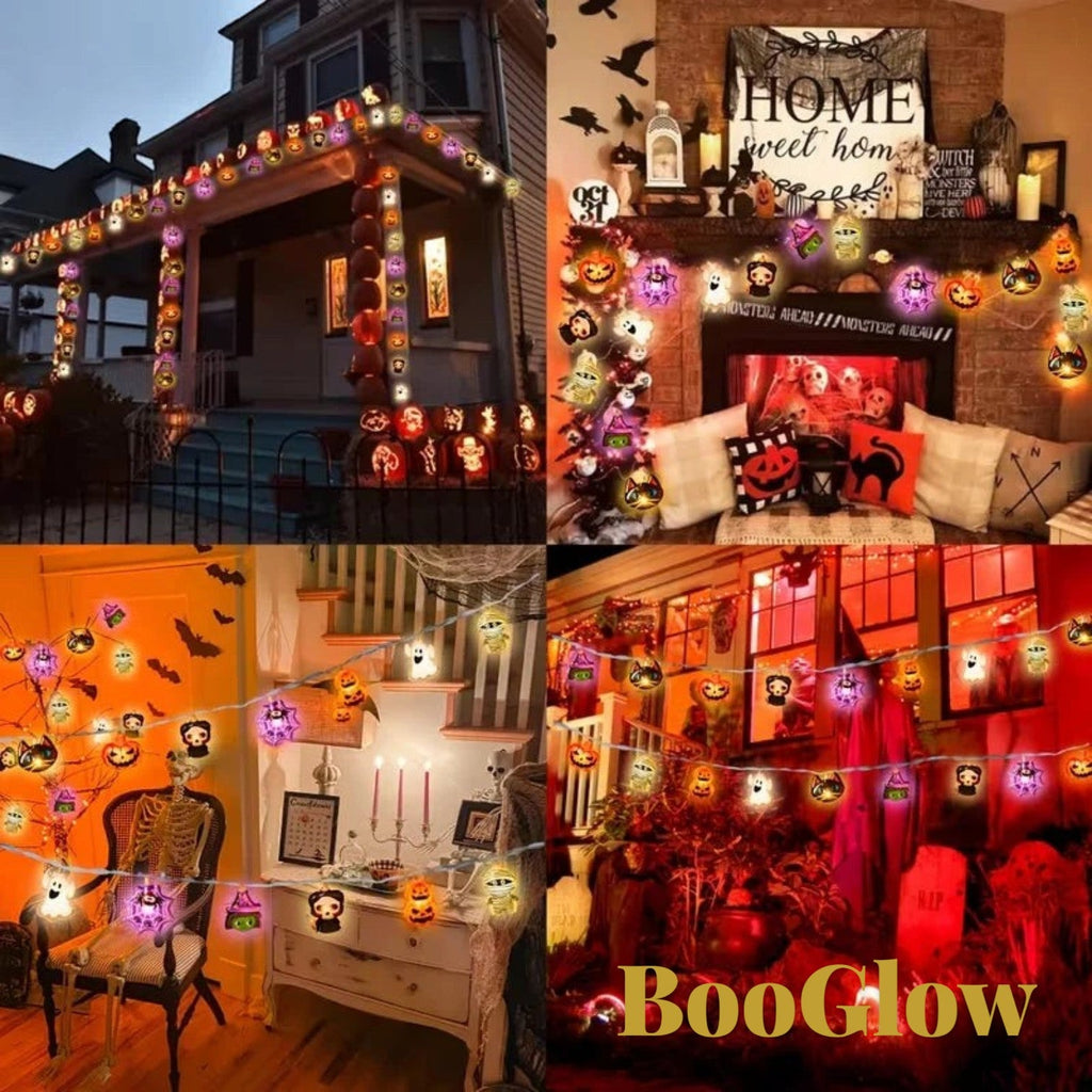Gr8est BooGlow Halloween LED string lights featuring ghost, pumpkin, and skeleton designs for festive home decor.