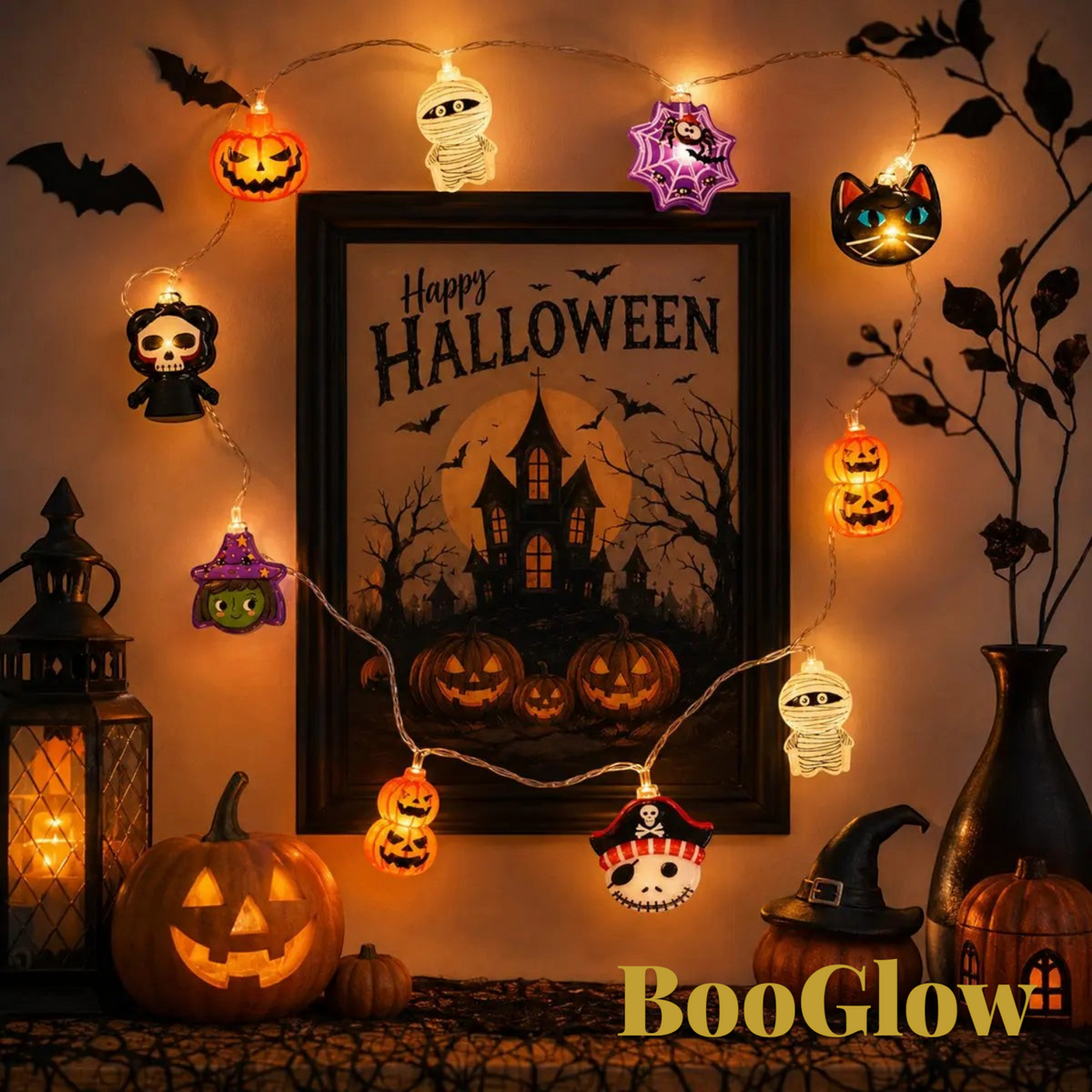 Gr8est BooGlow Halloween LED string lights featuring ghost, pumpkin, and skeleton designs with warm white glow.