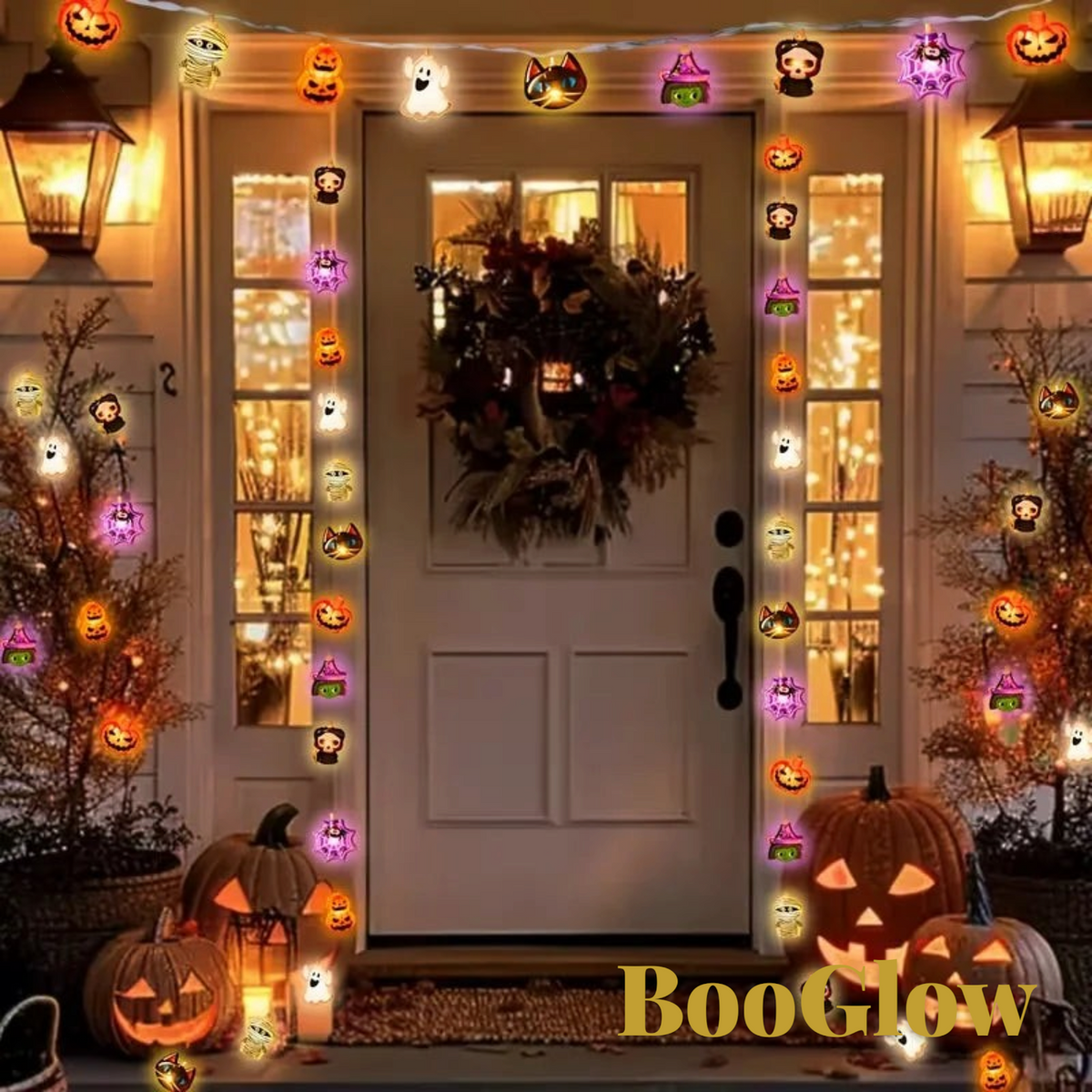 Gr8est BooGlow Halloween LED string lights featuring ghost and pumpkin icons decorating a front door entryway