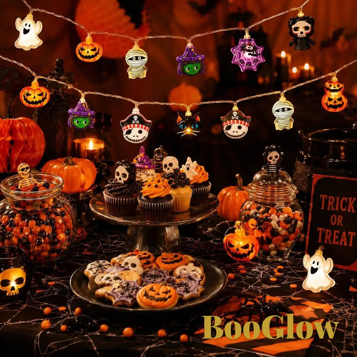 Gr8est BooGlow Halloween LED string lights featuring ghost, pumpkin, and skeleton charms glowing with warm white light.