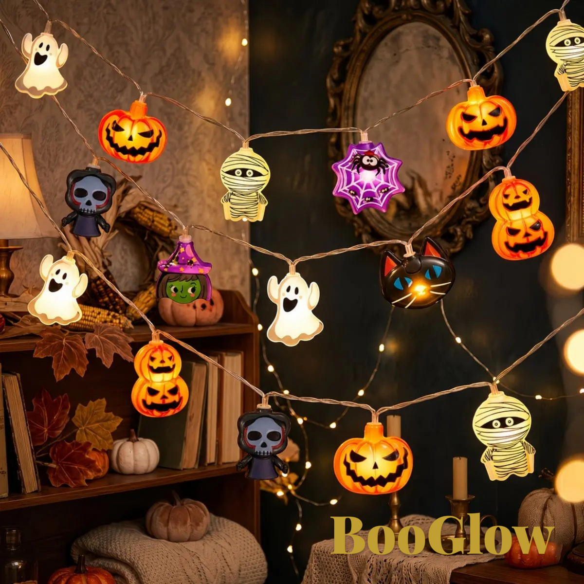Gr8est BooGlow Halloween LED string lights featuring ghost, pumpkin, and mummy shapes with warm white illumination.