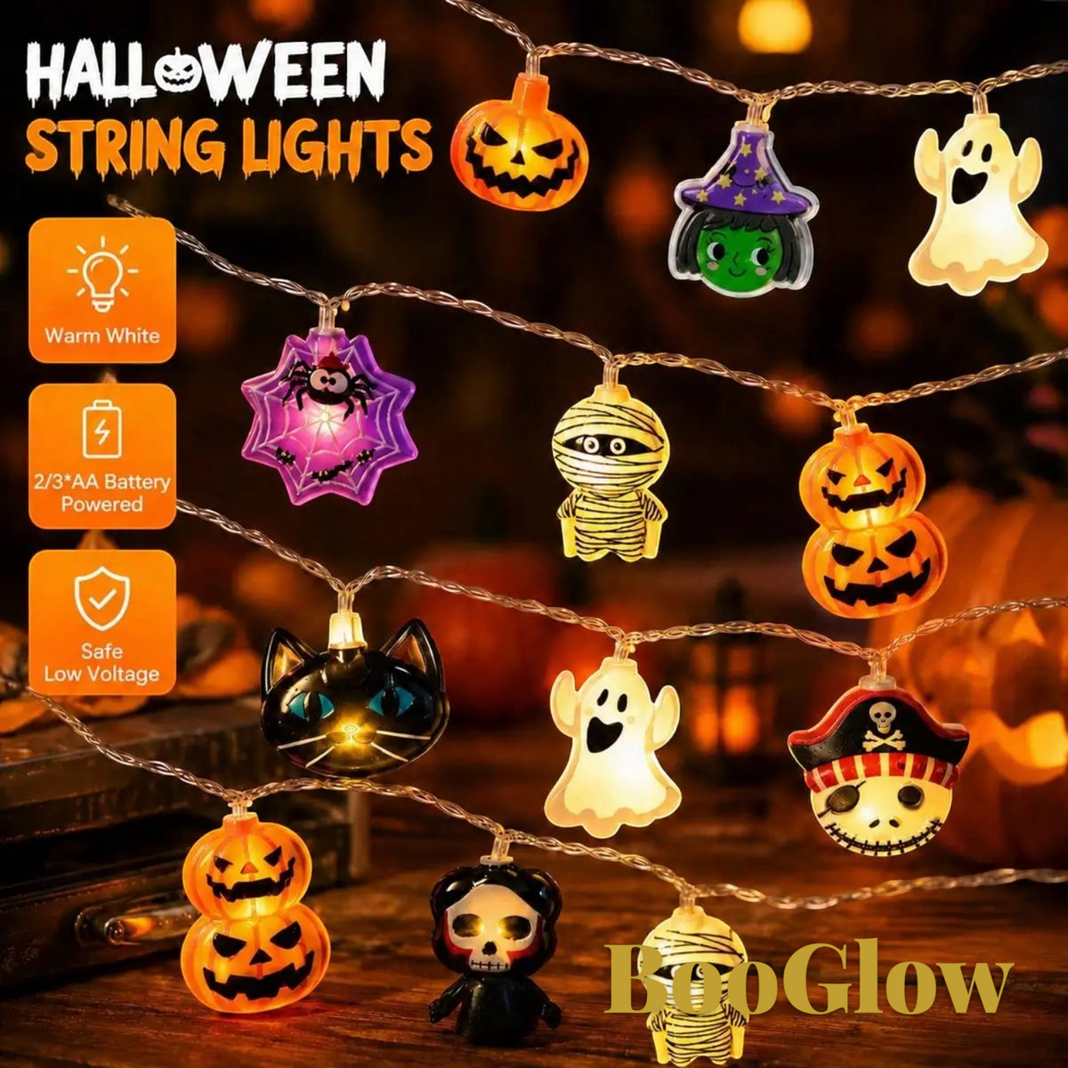 Gr8est BooGlow Halloween LED string lights featuring warm white glowing pumpkins, ghosts, and skeletons on a wire