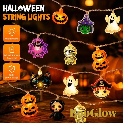 Gr8est BooGlow Halloween LED string lights featuring warm white glowing pumpkins, ghosts, and skeletons on a wire