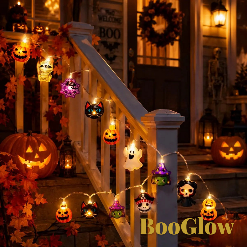 Gr8est BooGlow Halloween LED string lights featuring ghost, pumpkin, and skeleton charms glowing on a porch railing.
