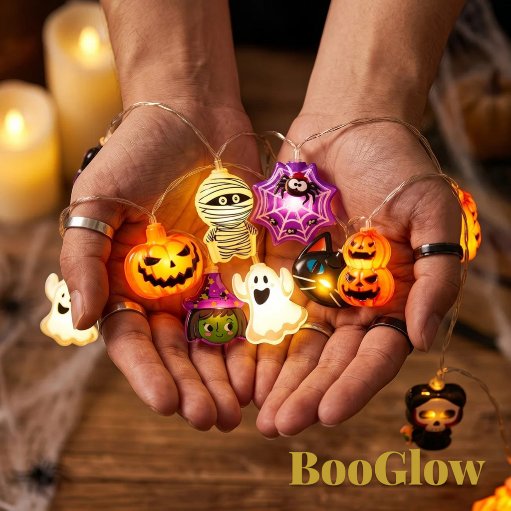 Gr8est BooGlow Halloween LED string lights with ghost, pumpkin, and mummy shapes glowing in warm white in cupped hands.