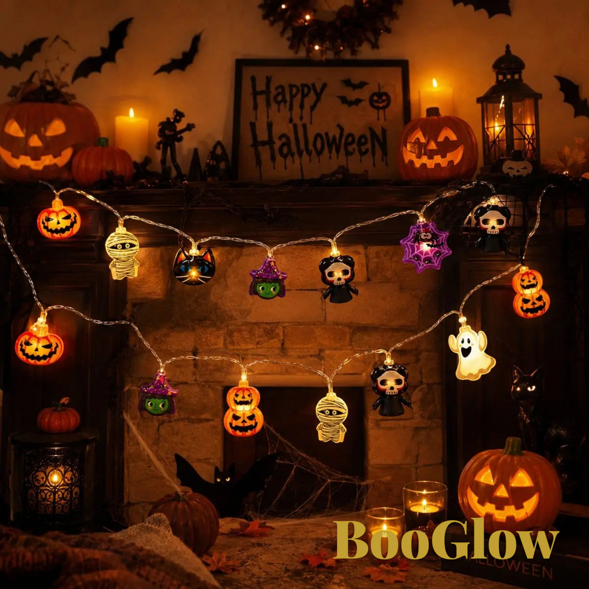 Gr8est BooGlow Halloween LED string lights featuring ghost, pumpkin, and skeleton shapes with warm white illumination.