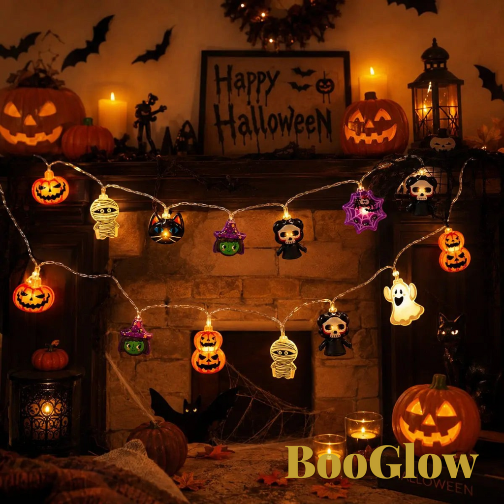 Gr8est BooGlow Halloween LED string lights featuring ghost, pumpkin, and skeleton figures with a warm white glow.