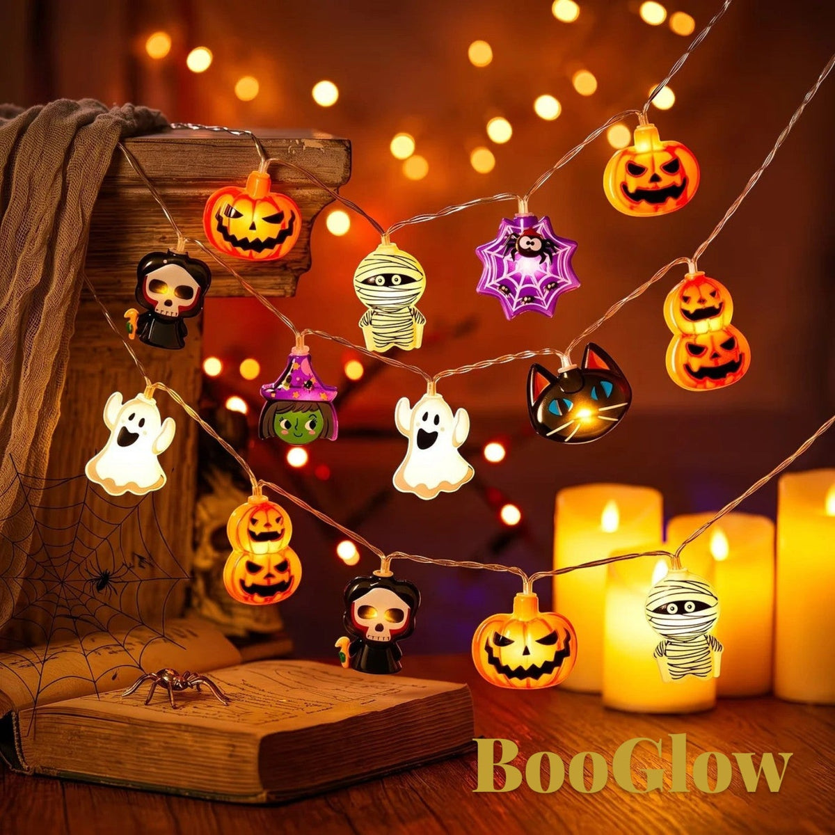Gr8est BooGlow Halloween LED string lights featuring ghost, pumpkin, and mummy shapes with a warm white glow.