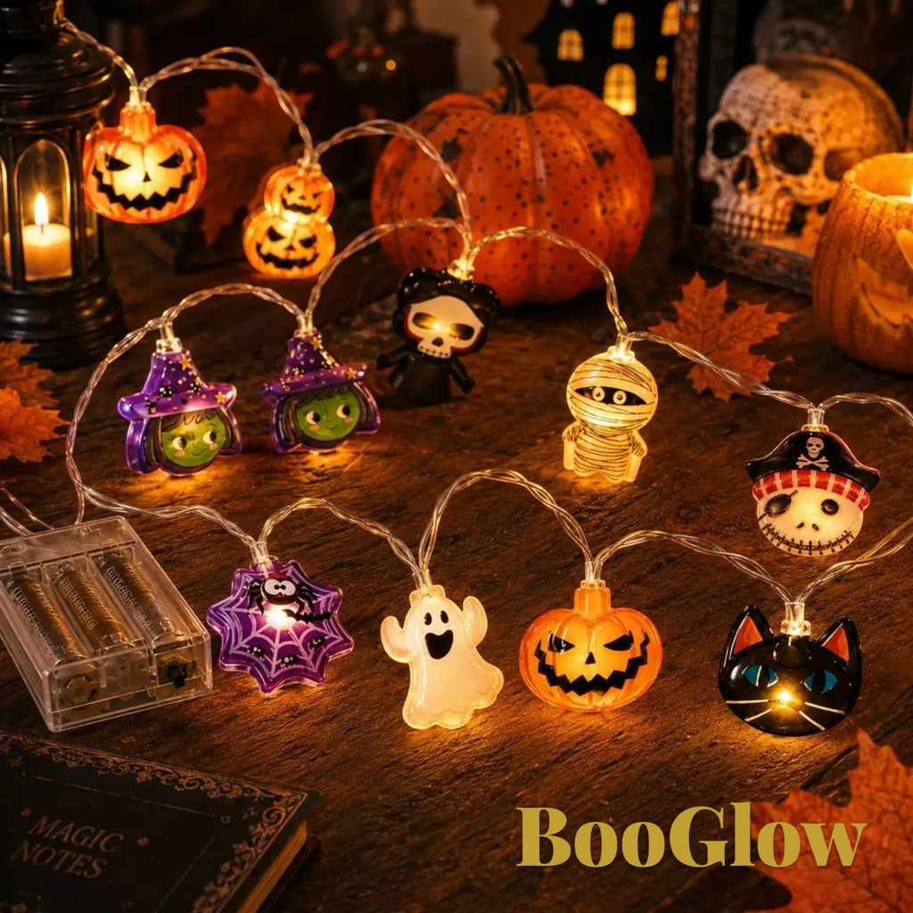 Gr8est BooGlow Halloween LED string lights featuring ghost, pumpkin, and skeleton shapes with warm white illumination.