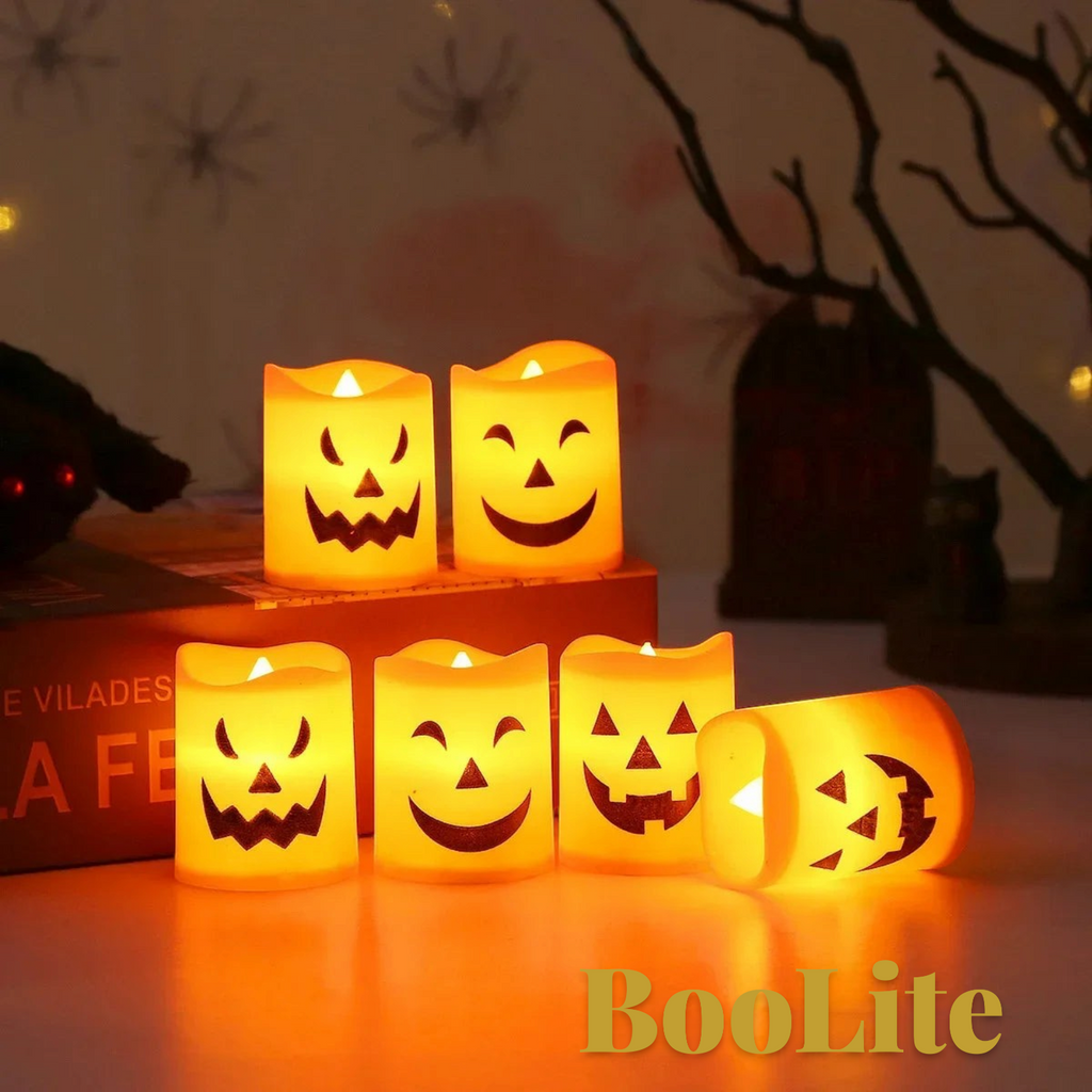Gr8est BooLite set of 6 orange battery-powered LED Halloween candles with spooky jack-o-lantern faces for party decor