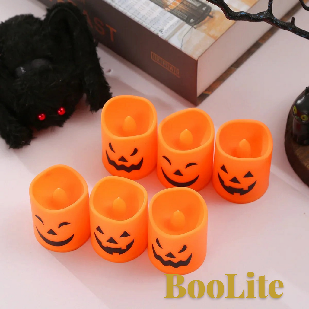 Gr8est BooLite set of six orange plastic LED pumpkin tea lights for spooky Halloween party table decorations