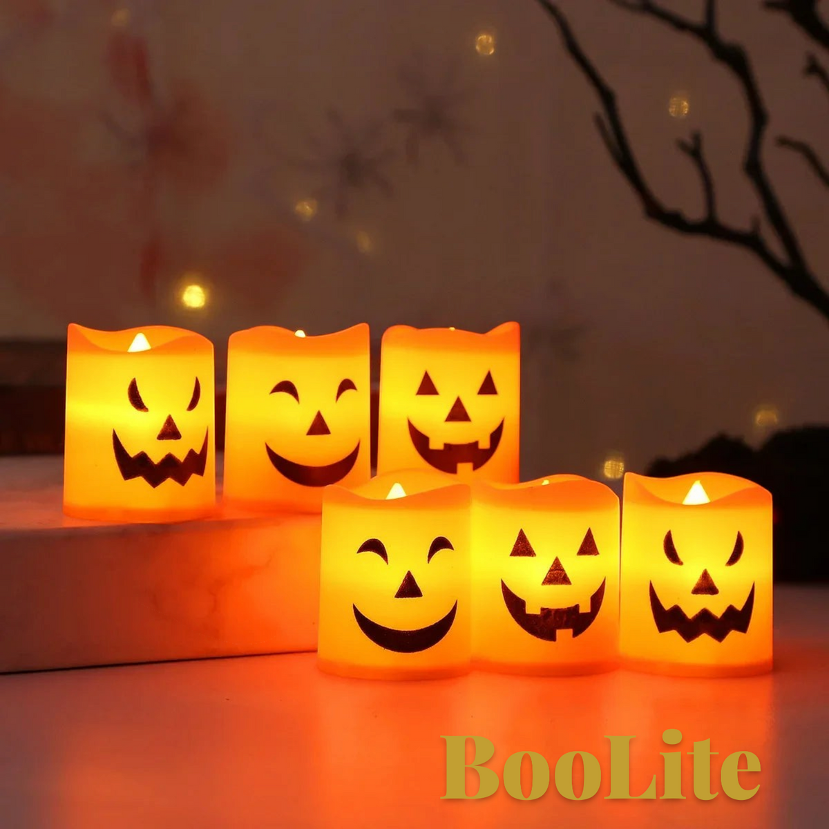 Gr8est BooLite set of 6 orange LED flameless Halloween candles with spooky jack-o-lantern faces for party decor