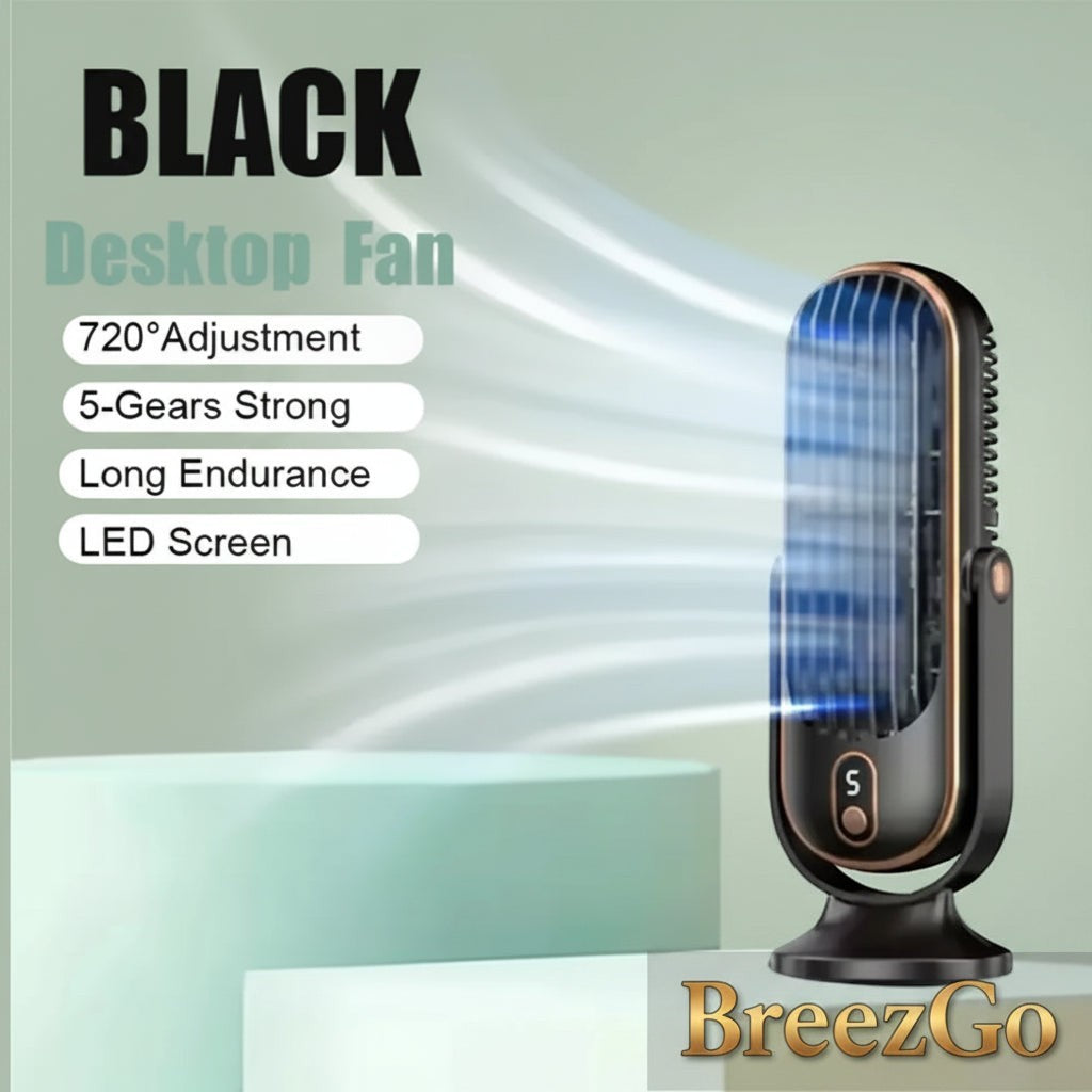 Gr8est BreezGO black portable desktop fan with 720-degree swivel, 5 speed settings, and LED display screen.