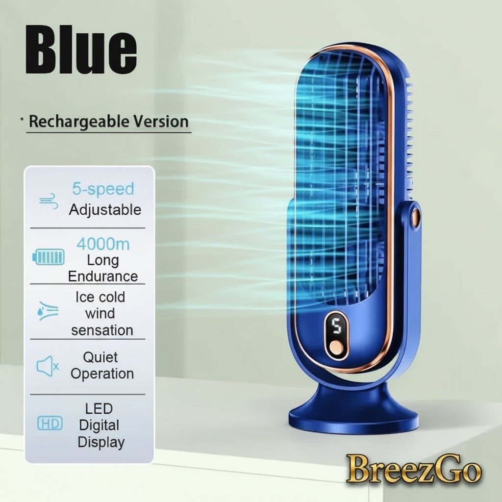 Gr8est BreezGO blue portable rechargeable fan with 5-speed settings, LED digital display, and 720-degree swivel head.