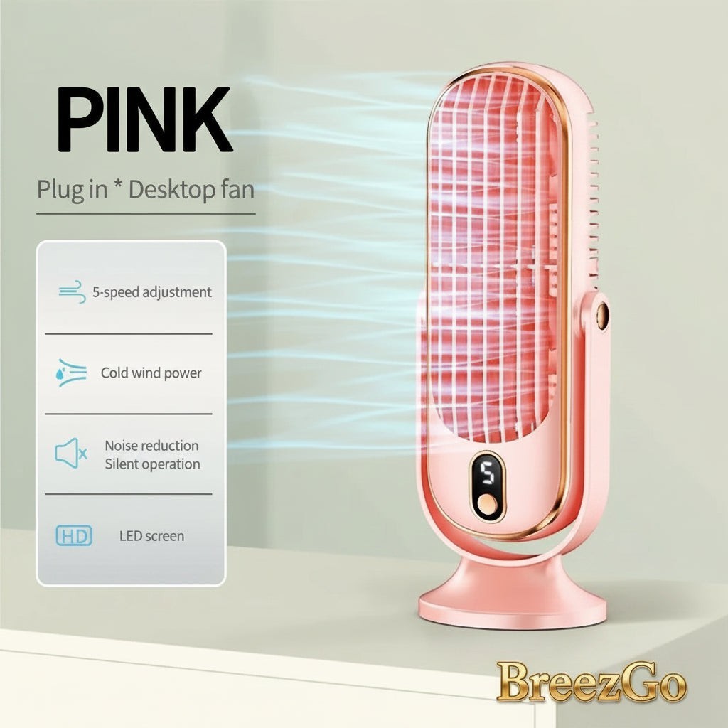 Gr8est BreezGO pink portable desktop fan with 5-speed settings, LED display, and 720-degree swivel head.