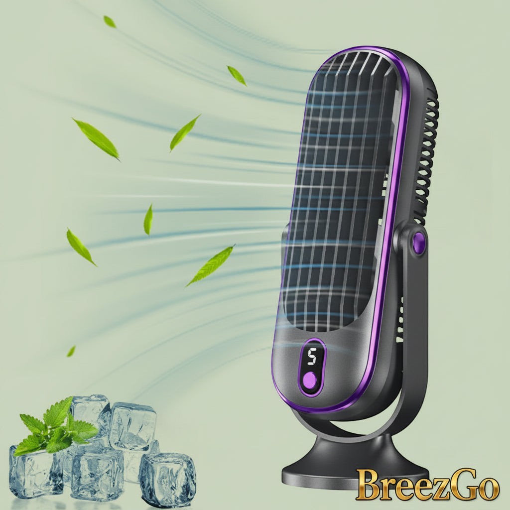 Gr8est BreezGO rechargeable portable fan with 5-speed settings and 720-degree swivel in black and purple