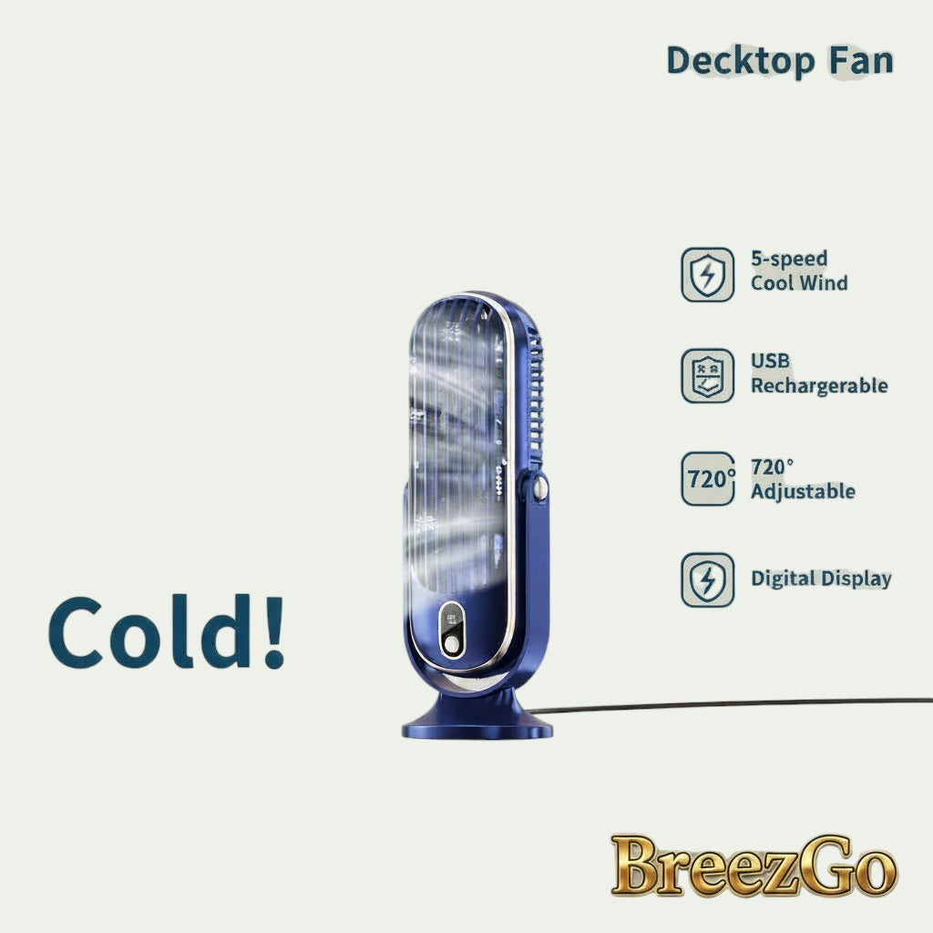 Gr8est BreezGO rechargeable desktop fan in blue with 720-degree swivel, digital display, and 5-speed settings.