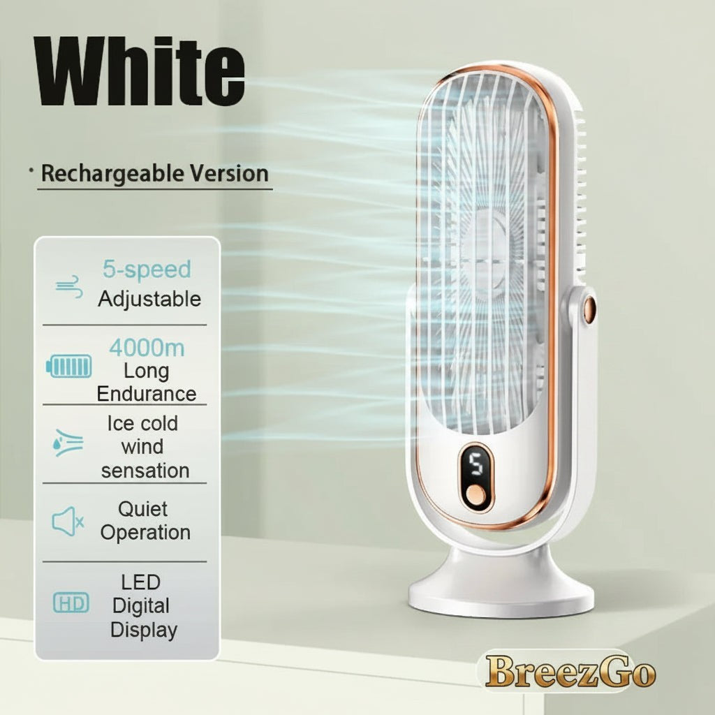 Gr8est BreezGO white rechargeable portable fan with 5-speed settings, LED digital display, and 720-degree swivel head.