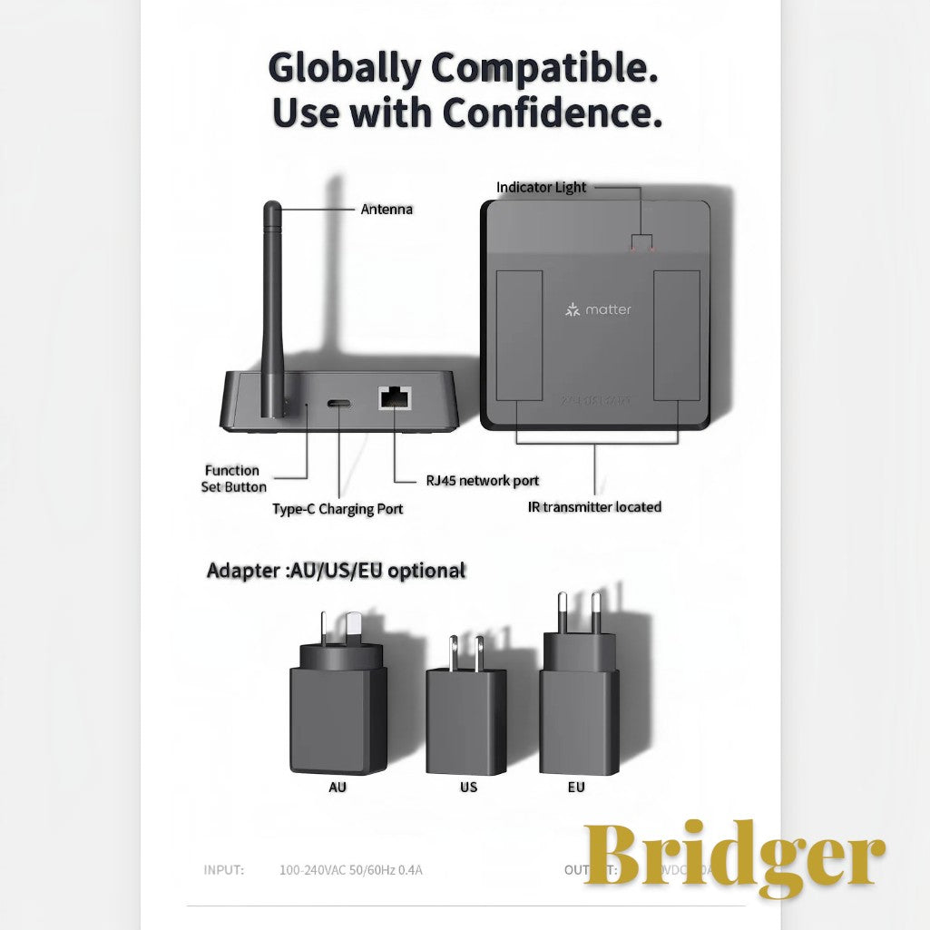 Gr8est Bridger Matter Thread Zigbee smart home hub with IR control, showing ports, antenna, and power adapter options.