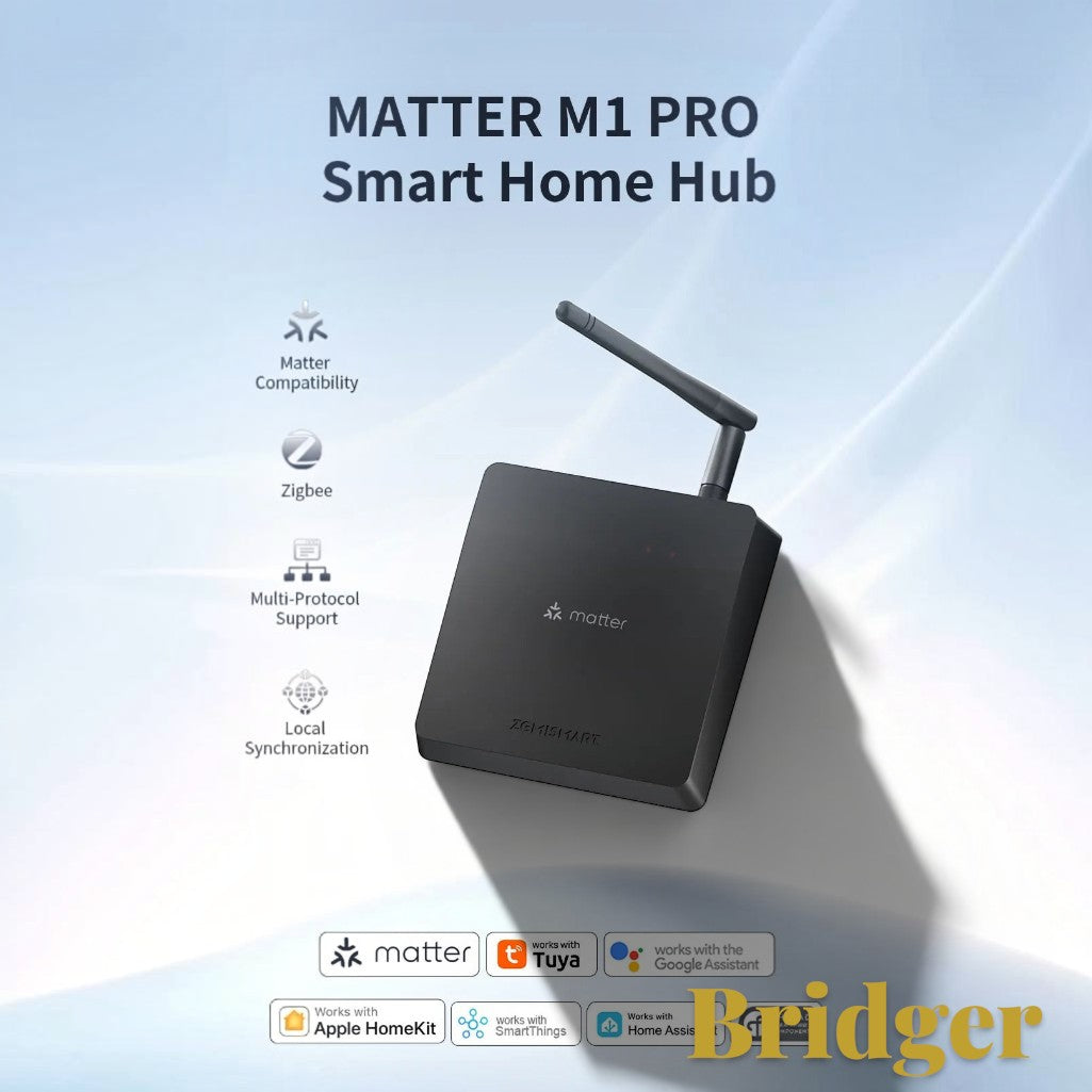 Gr8est Bridger Matter M1 Pro smart home hub with antenna, showing compatibility icons for Matter, Zigbee, and Tuya.