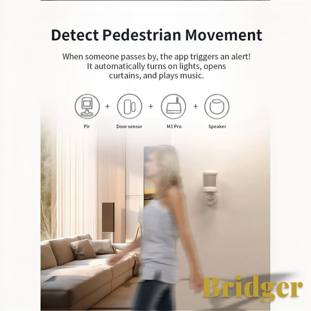 Gr8est Bridger M1 Pro smart home hub diagram showing motion detection integration with sensors and speakers