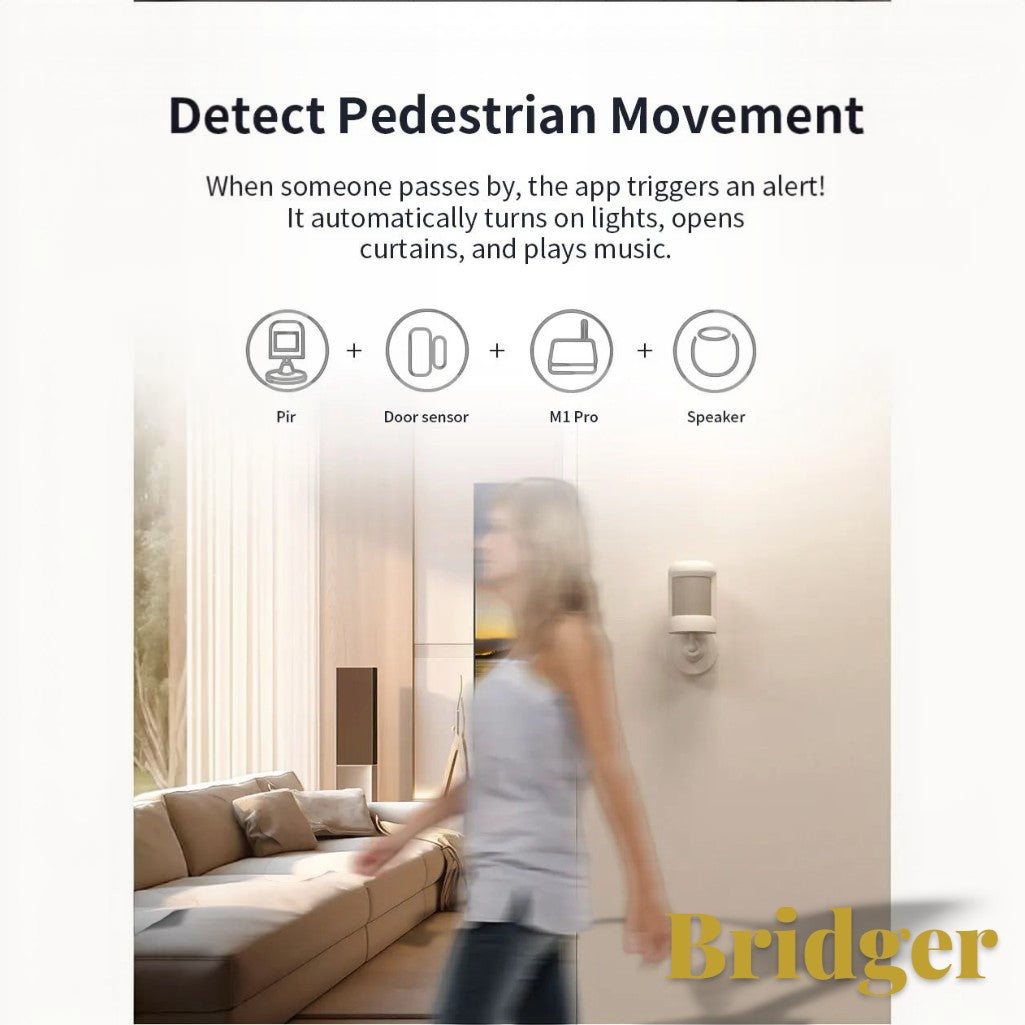 Gr8est Bridger M1 Pro smart home hub diagram showing motion detection integration with sensors and speakers