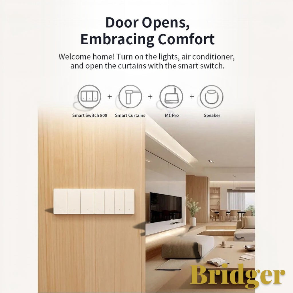 Gr8est Bridger M1 Pro smart home hub controlling lights, curtains, and appliances in a modern living room interior