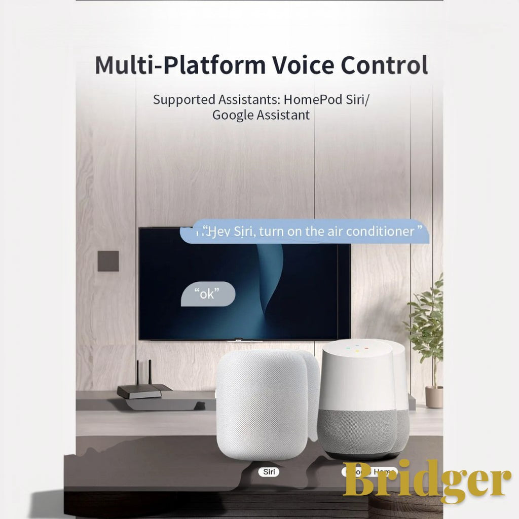 Gr8est Bridger smart home hub showing voice control integration with Apple HomePod and Google Home smart speakers