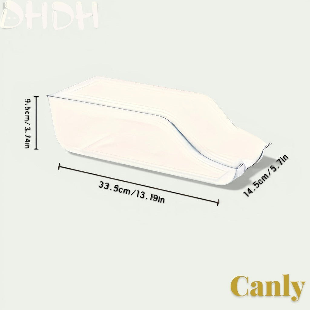 Gr8est Canly clear plastic fridge and pantry can organizer basket with dimensions shown for efficient storage