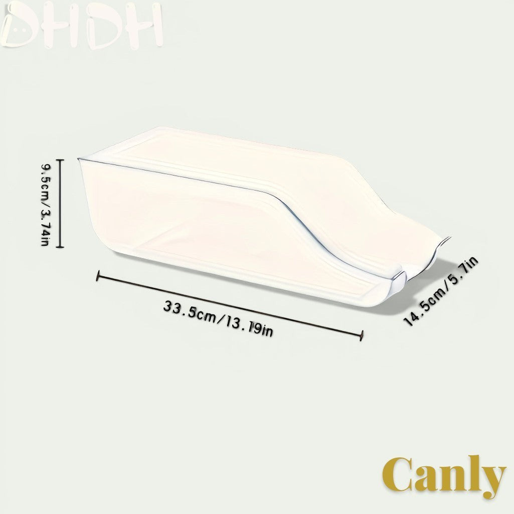 Gr8est Canly clear plastic fridge and pantry can organizer basket with dimensions shown for efficient storage