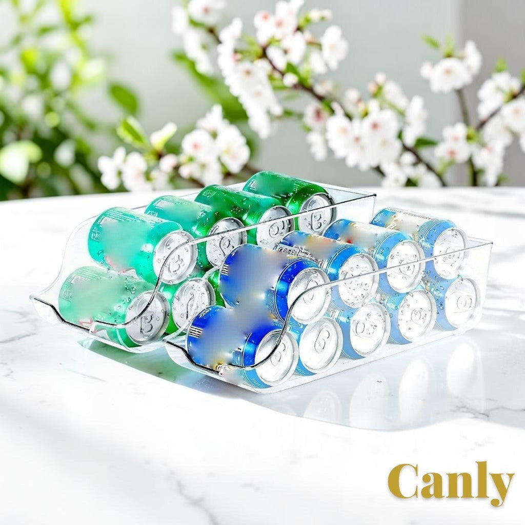 Gr8est Canly clear plastic fridge and pantry organizers holding soda cans on a white marble surface