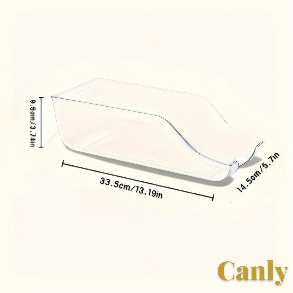 Gr8est Canly clear plastic fridge and pantry can organizer basket with dimensions shown for storage organization