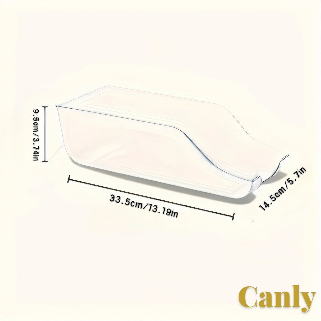 Gr8est Canly clear plastic fridge and pantry can organizer basket with dimensions shown for storage organization