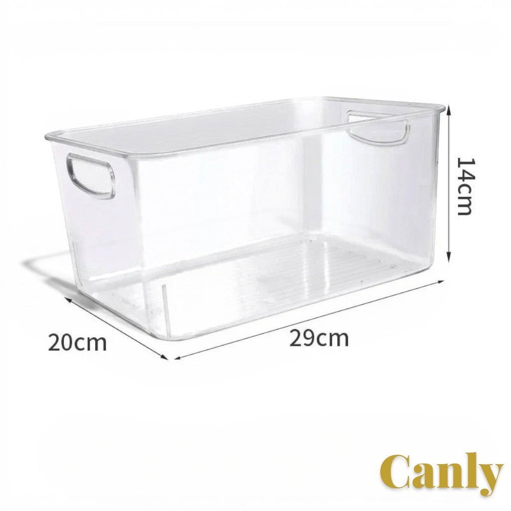 Gr8est Canly clear plastic fridge and pantry organizer basket with integrated handles for space-saving storage.