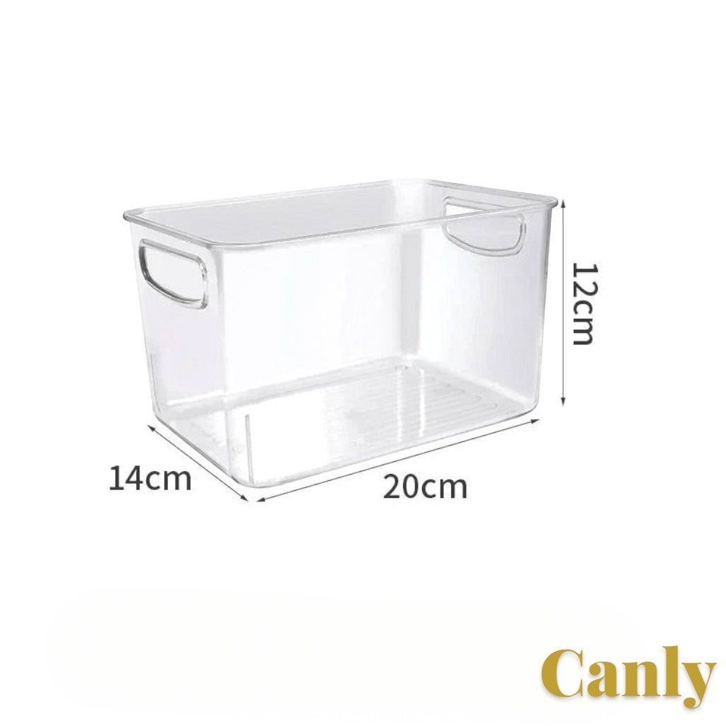 Gr8est Canly clear plastic fridge and pantry organizer basket with integrated handles for easy storage.