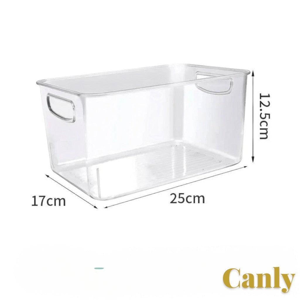 Gr8est Canly clear plastic fridge and pantry storage basket with integrated handles for organized kitchen storage