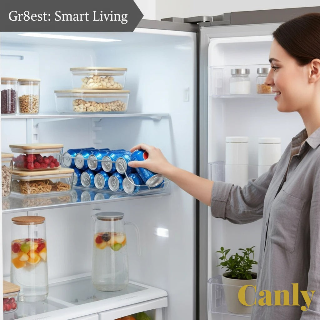 Gr8est Canly fridge organizer holding blue soda cans inside a refrigerator with a woman reaching for a drink.