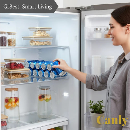 Gr8est Canly fridge organizer holding blue soda cans inside a refrigerator with a woman reaching for a drink.
