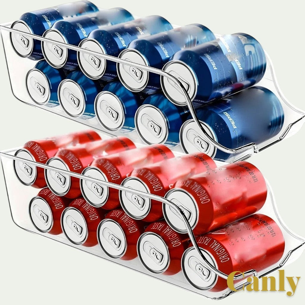 Gr8est Canly stackable clear plastic fridge and pantry organizers filled with blue and red soda cans