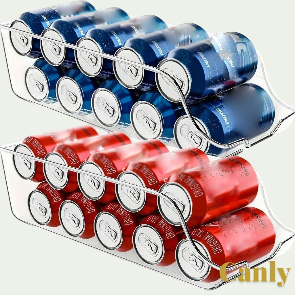 Gr8est Canly stackable clear plastic fridge and pantry organizers filled with blue and red soda cans