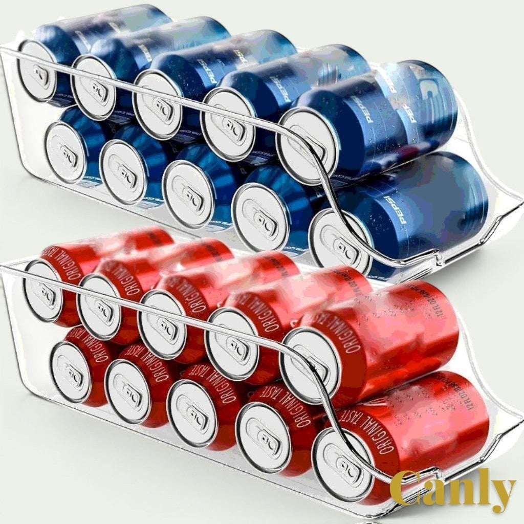 Gr8est Canly stackable clear plastic fridge and pantry organizers filled with soda cans for space-saving storage.