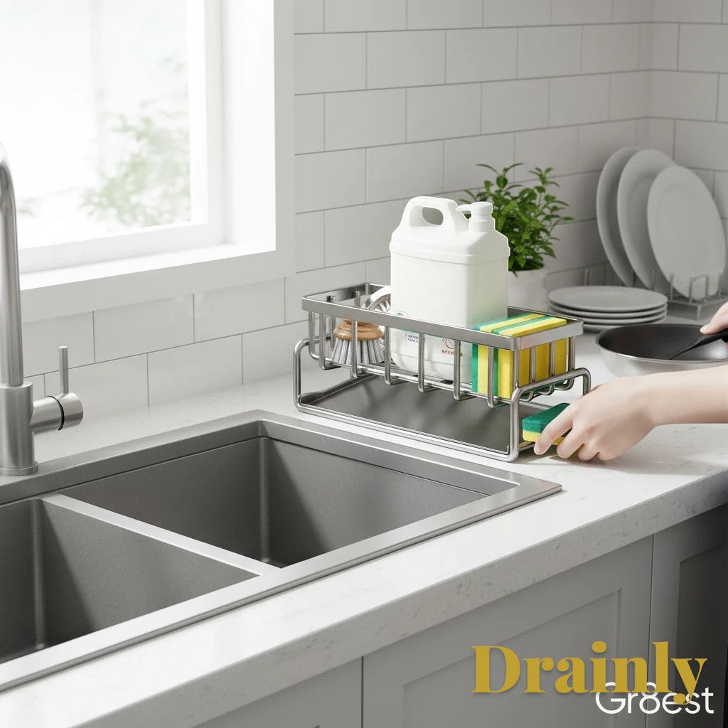 Gr8est carbon steel sink organizer with tilted drainage tray holding sponges and brushes on a kitchen countertop