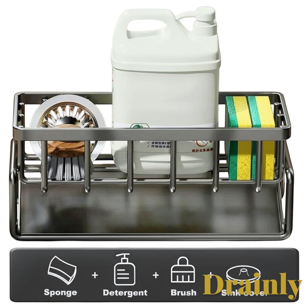 Gr8est carbon steel sink organizer with tilted drainage tray holding a detergent bottle, brush, and sponges.